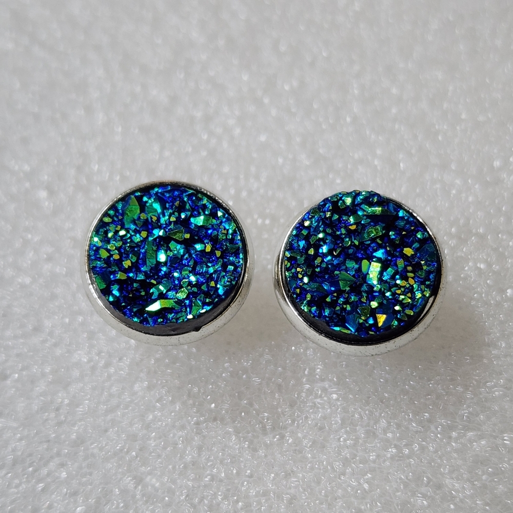 3/$25 Iridescent Blue Faux Druzy Stud Earrings Sparkle Silver Tone Round Post